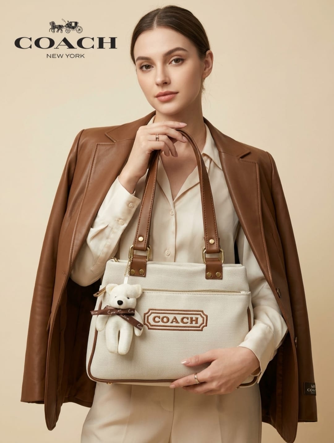 Coach New York Canvas Tote Bag with Teddy Keychain
