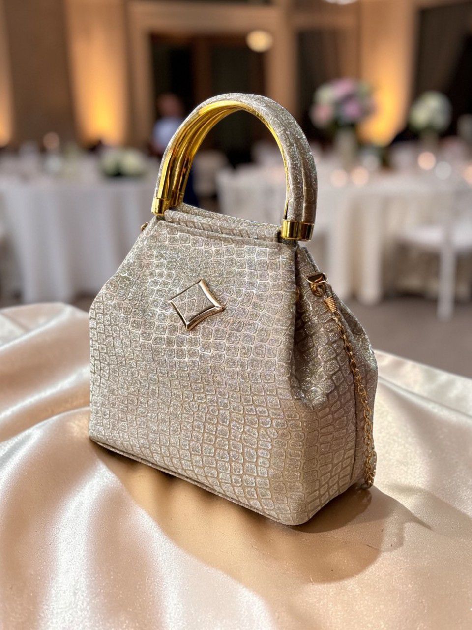 Luxury Croco Textured Potli Bag with Gold Handle & Chain (Party Edition)