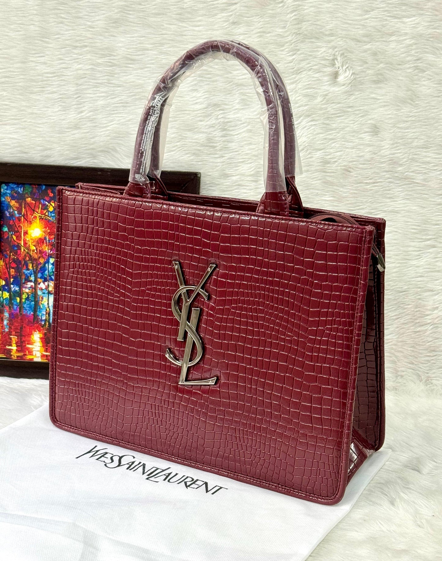YSL Croco Embossed Leather Tote Handbag