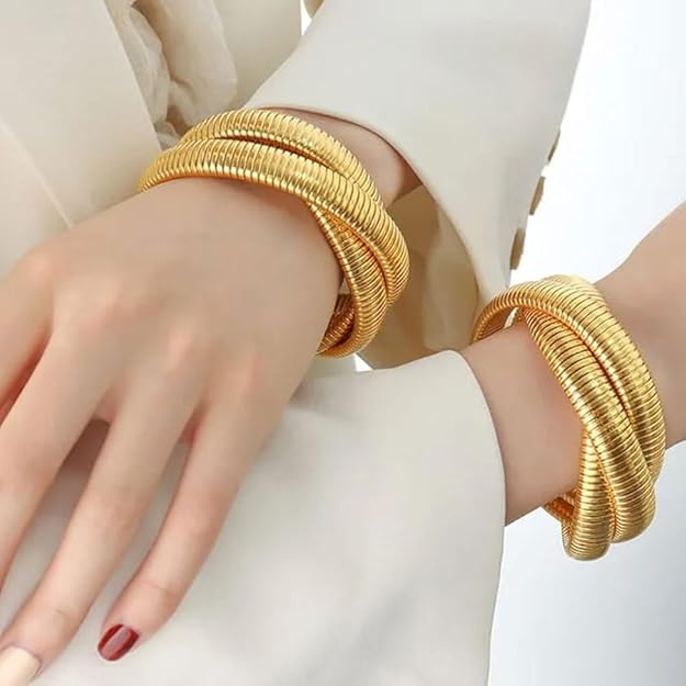 Fuschianet Flexible Golden Spiral Triple Layer Hoop Bangle Bracelet for Girls and Women