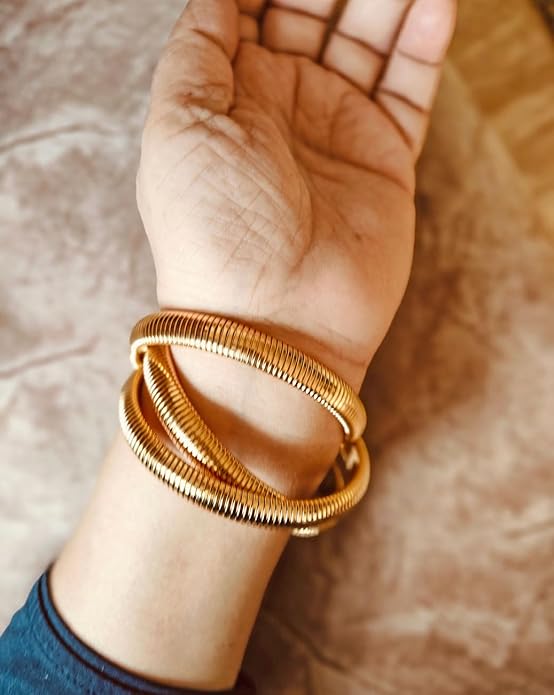Fuschianet Flexible Golden Spiral Triple Layer Hoop Bangle Bracelet for Girls and Women