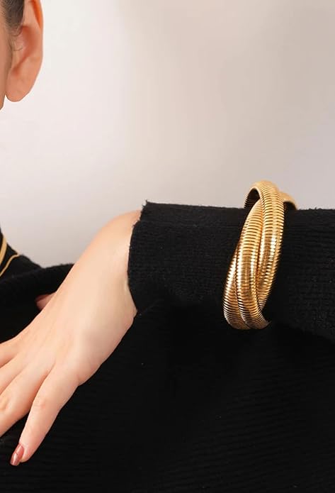 Fuschianet Flexible Golden Spiral Triple Layer Hoop Bangle Bracelet for Girls and Women