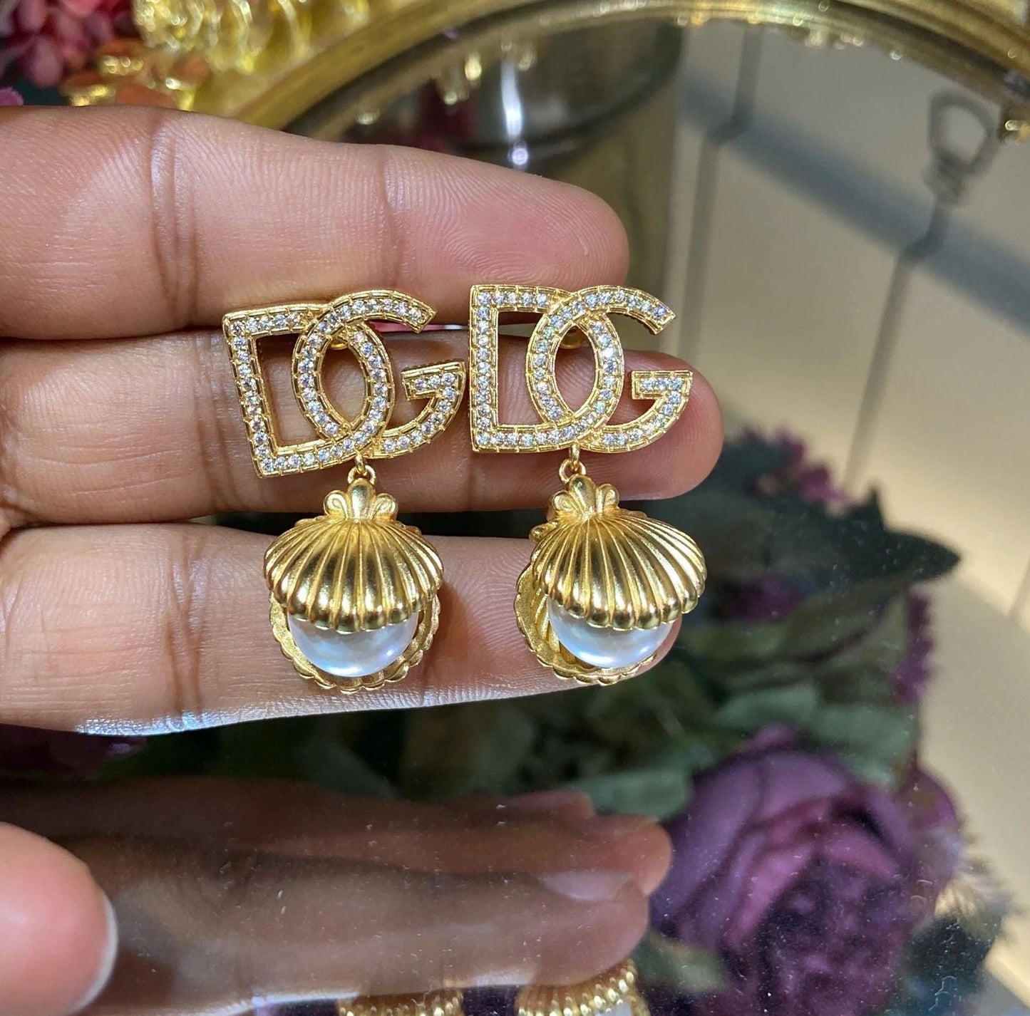 Dolce & Gabbana D&G Logo Diamond & Pearl Earrings – Iconic Elegance