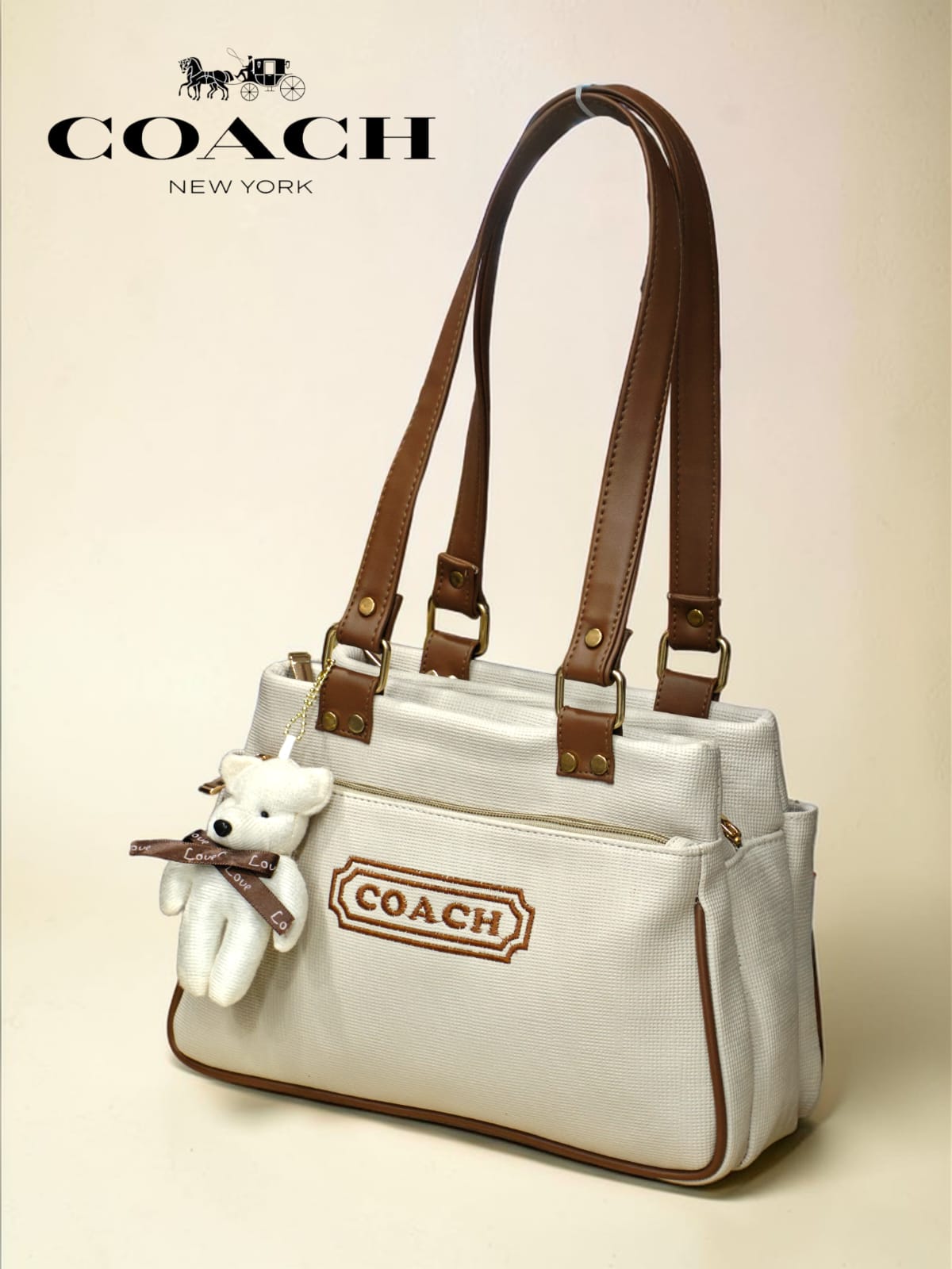 Coach New York Canvas Tote Bag with Teddy Keychain