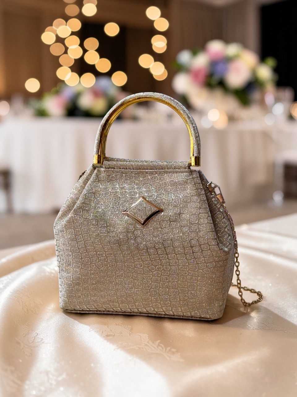 Luxury Croco Textured Potli Bag with Gold Handle & Chain (Party Edition)
