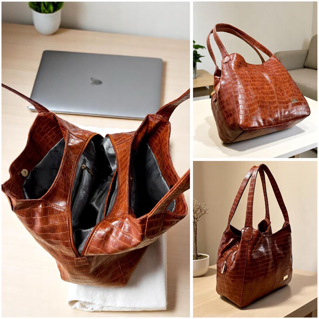 Catchy Croco Soft Leather Hobo Handbag – 3 Compartment Style