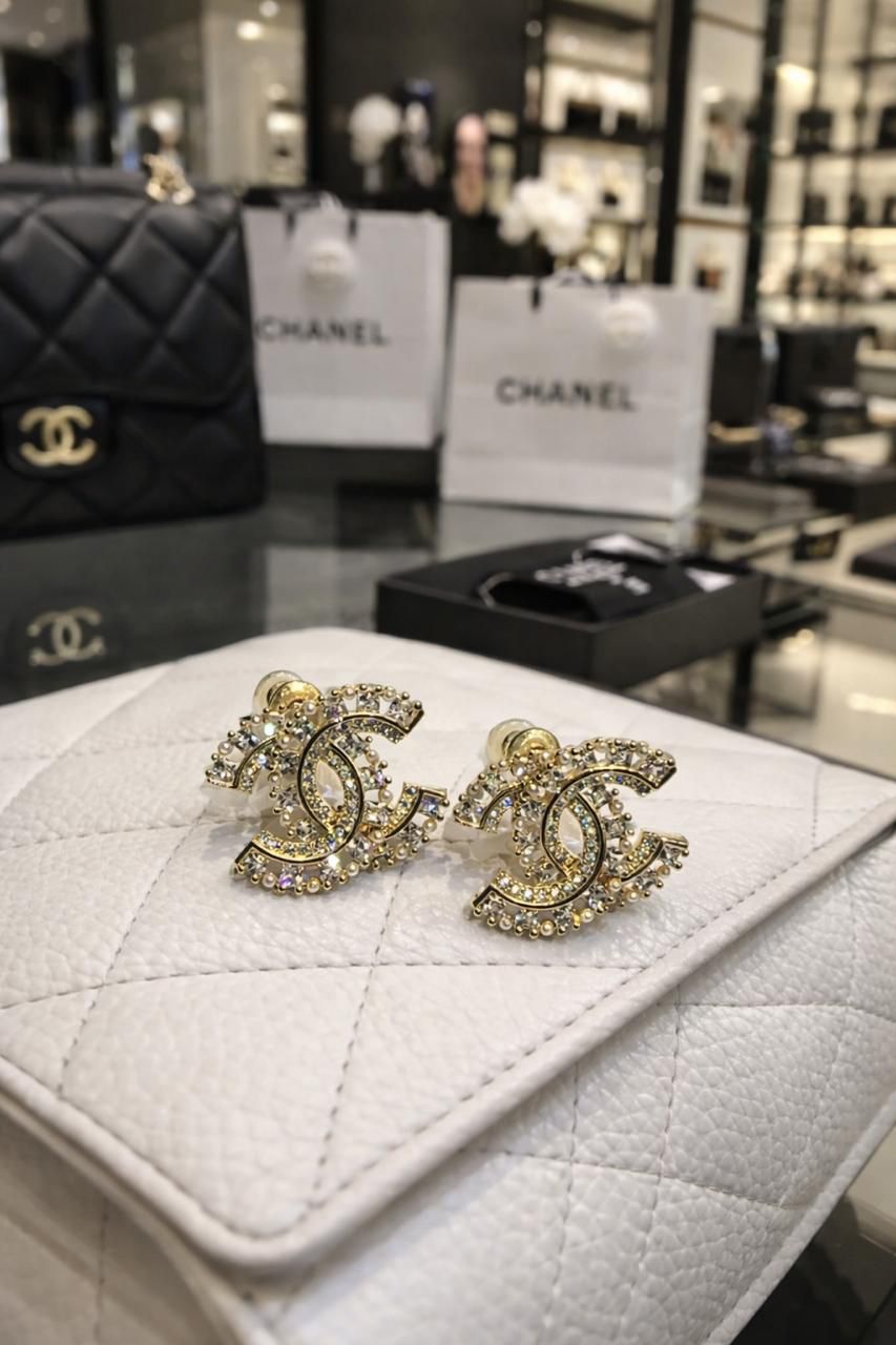 Chanel Crystal Double C Stud Earrings
