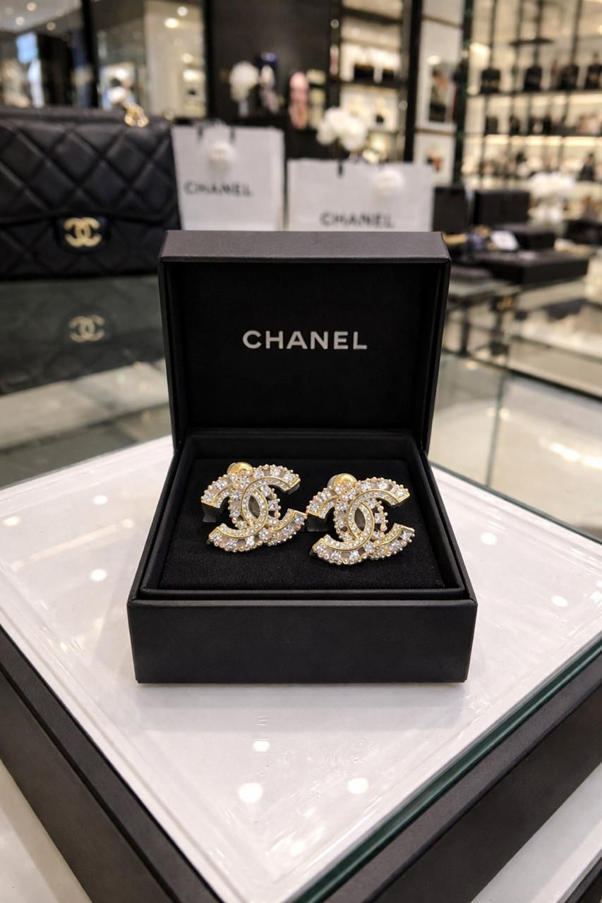 Chanel Crystal Double C Stud Earrings