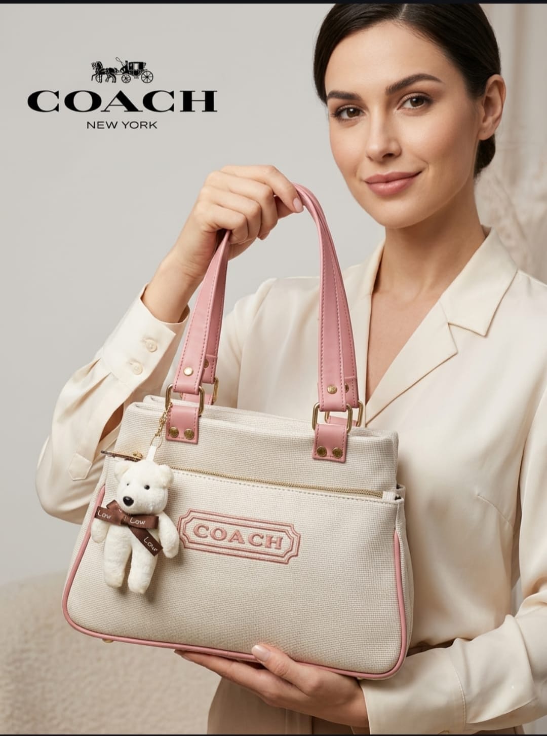 Coach New York Canvas Tote Bag with Teddy Keychain
