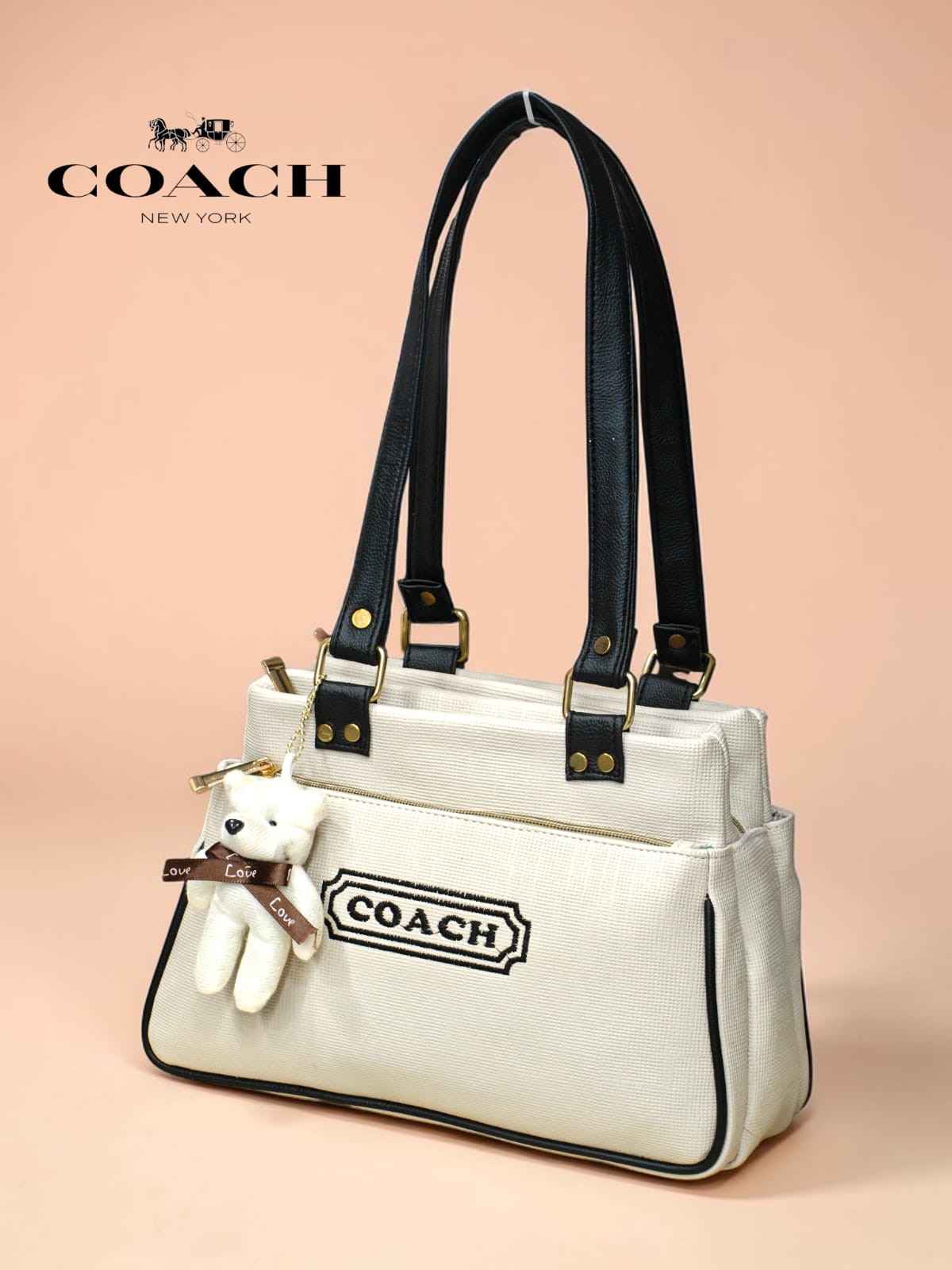 Coach New York Canvas Tote Bag with Teddy Keychain