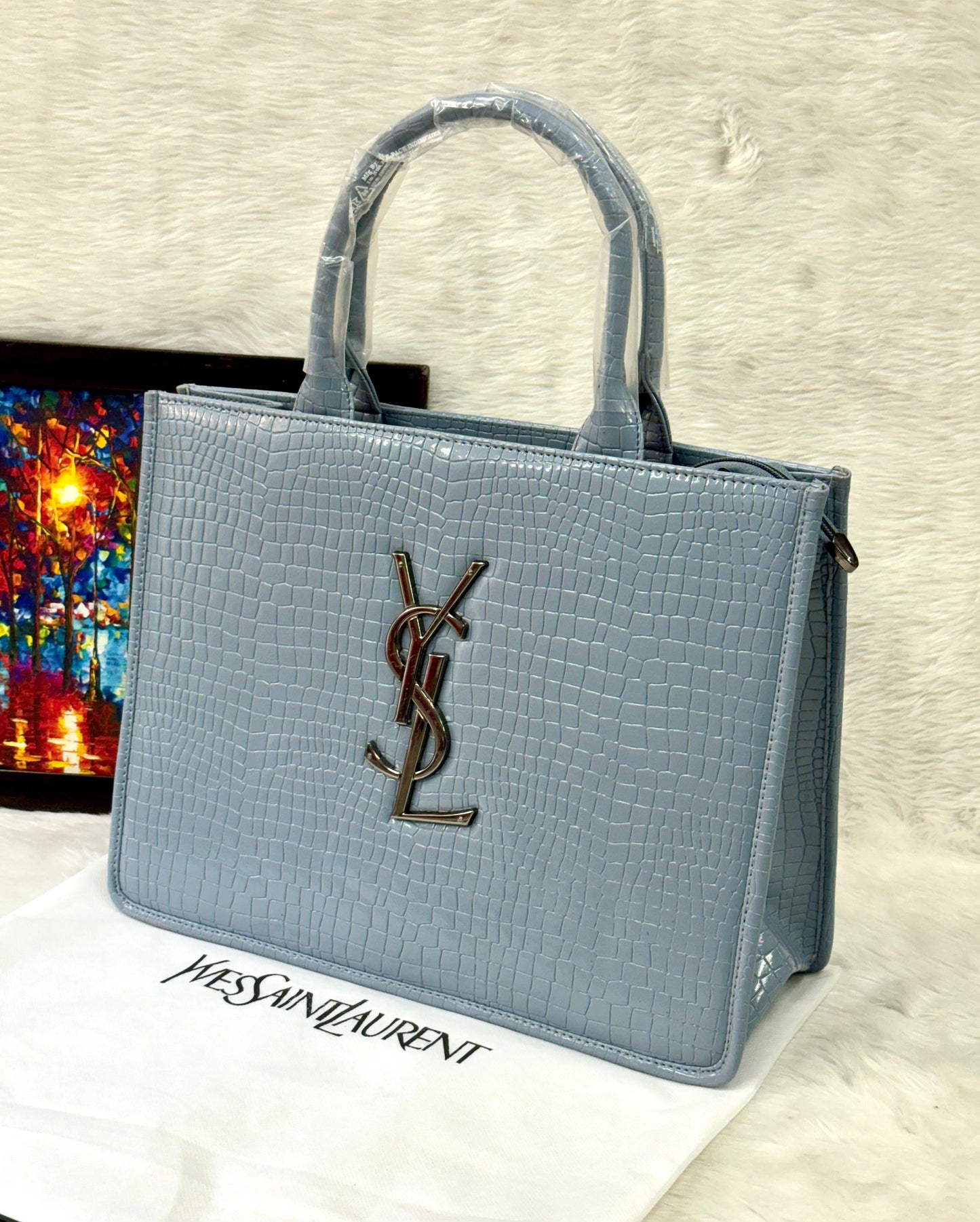 YSL Croco Embossed Leather Tote Handbag