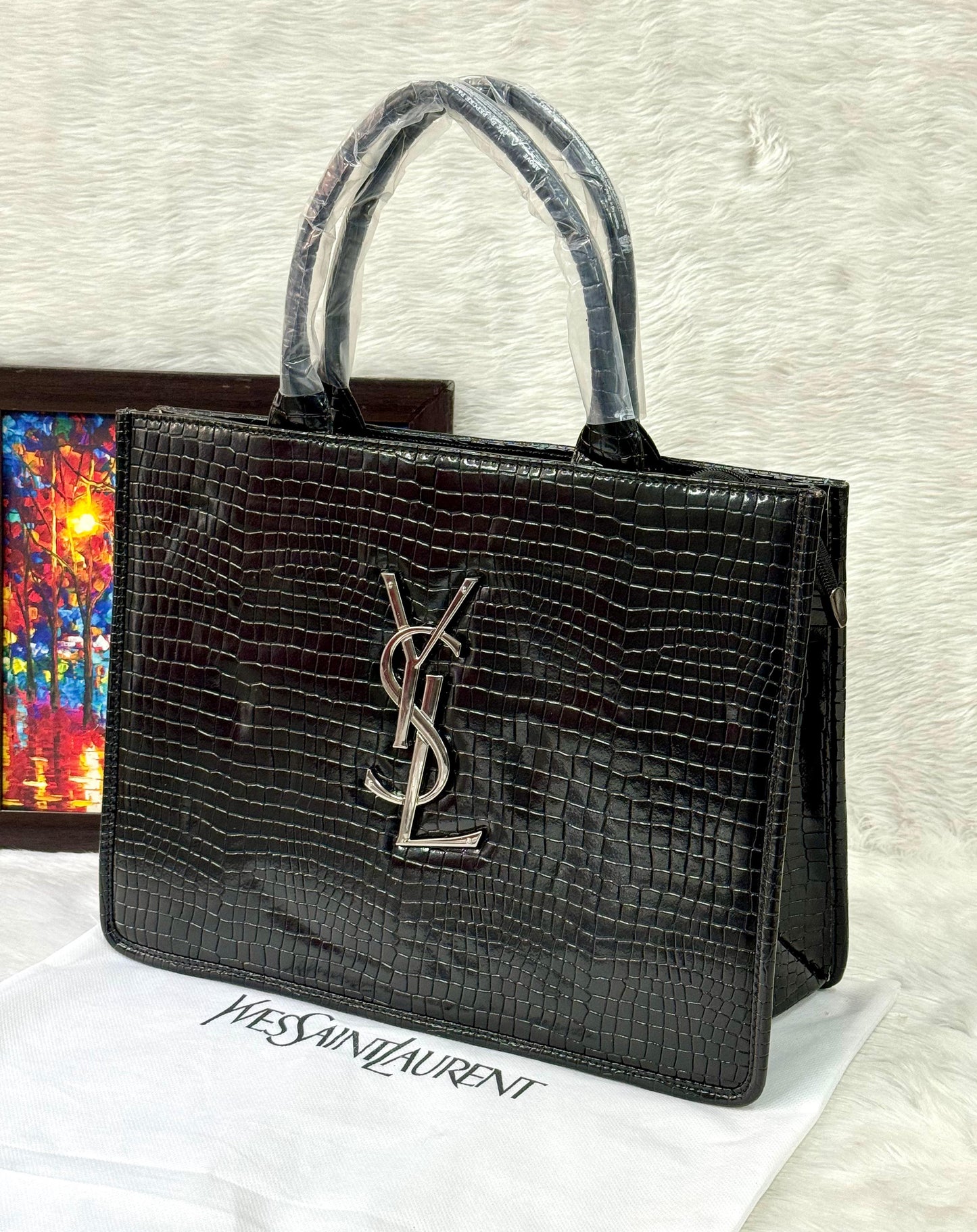 YSL Croco Embossed Leather Tote Handbag