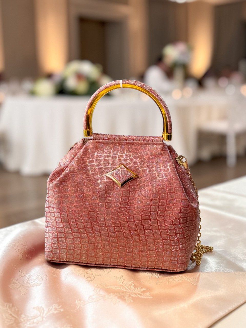 Luxury Croco Textured Potli Bag with Gold Handle & Chain (Party Edition)