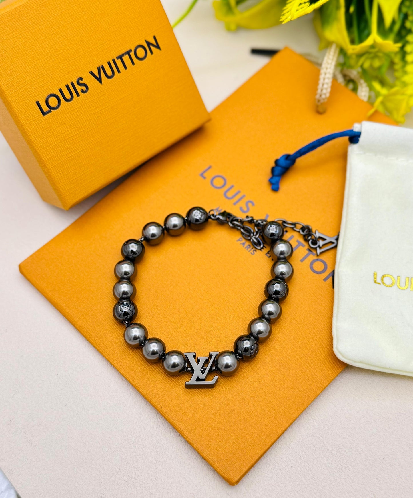 LV Monogram Beaded Bracelet – Luxury Style for Men
