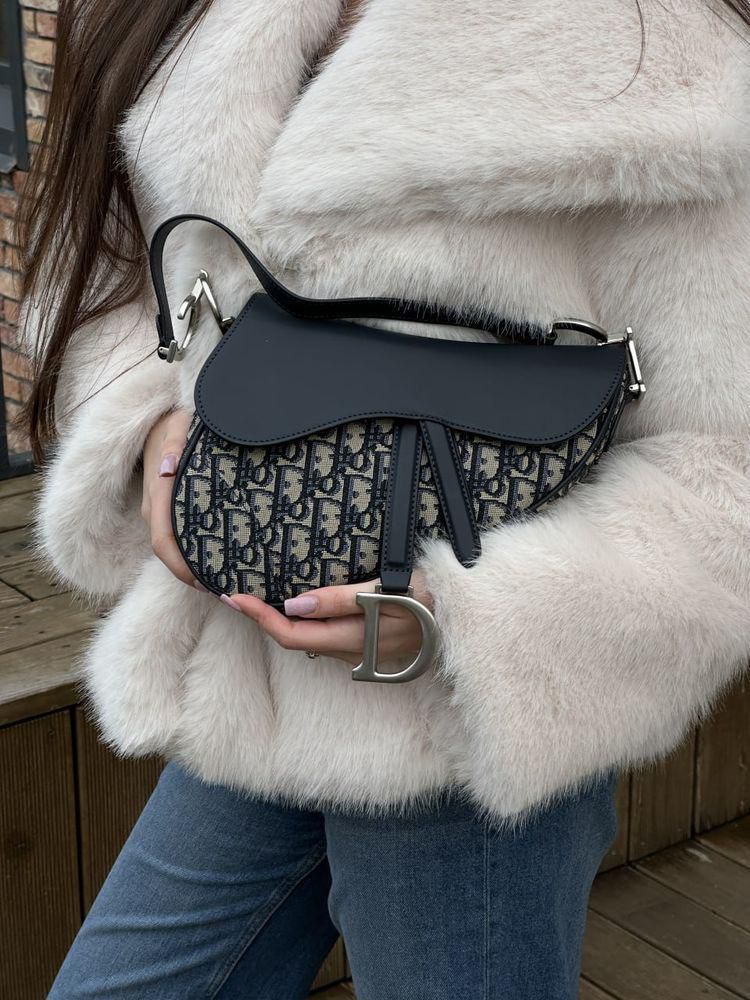 Dior Saddle Bag 25cm Leather and Canvas with Black D-Print and Silver Metal