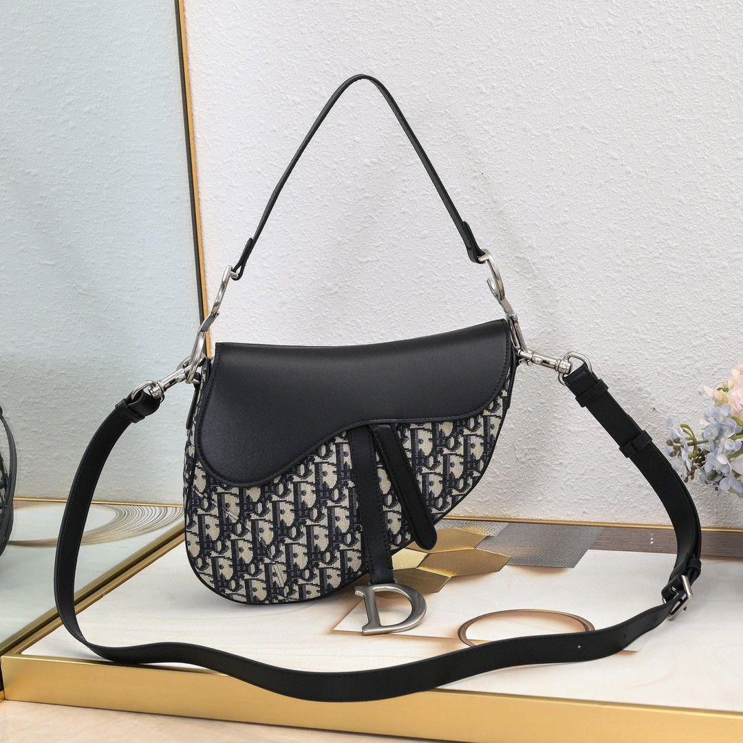 Dior Saddle Bag 25cm Leather and Canvas with Black D-Print and Silver Metal