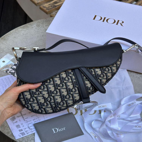 Dior Saddle Bag 25cm Leather and Canvas with Black D-Print and Silver Metal