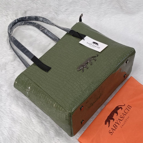 Sabyasachi Luxe Croc-Textured Tote Bag – Olive Green