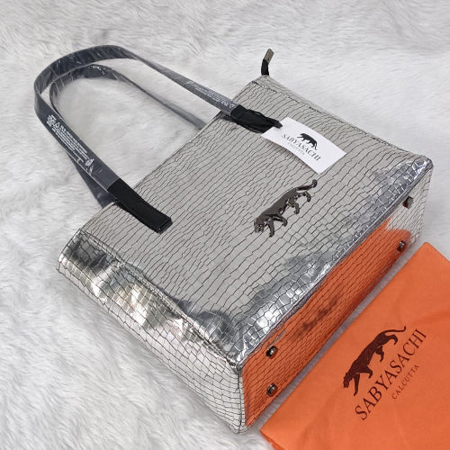 Sabyasachi Luxe Croc-Textured Tote Bag – Metallic Silver