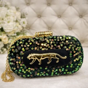 Sabyasachi Emerald Panther Sequin Clutch front view