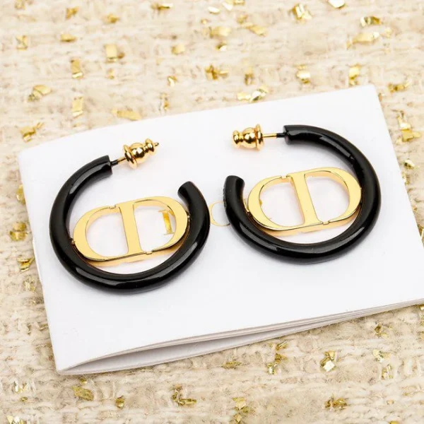 Christian Dior CD Black Hoop Earrings front view