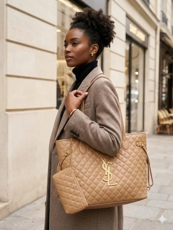 YSL Quilted Tote Bag in black leather