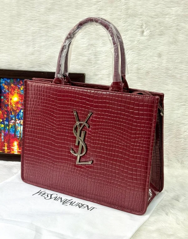 YSL Croco Embossed Leather Tote Handbag front view