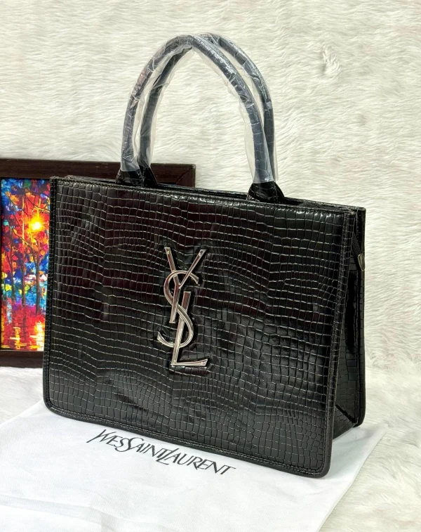 YSL Croco Embossed Leather Tote Handbag front view
