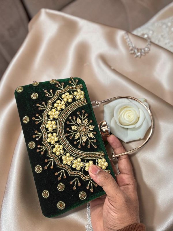 Elegant Crimson Velvet Floral Hand-Embroidered Bridal Clutch