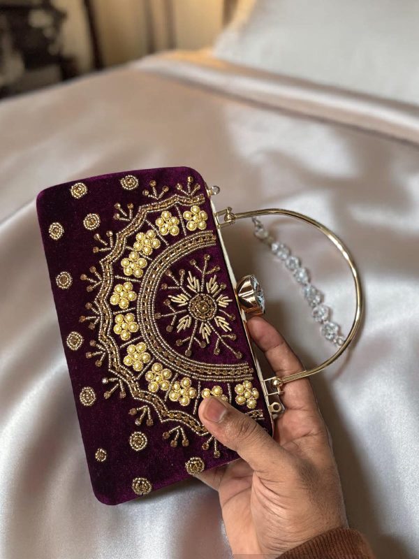 Elegant Crimson Velvet Floral Hand-Embroidered Bridal Clutch