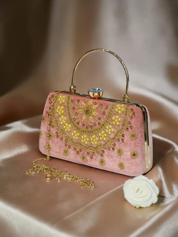 Elegant Crimson Velvet Floral Hand-Embroidered Bridal Clutch