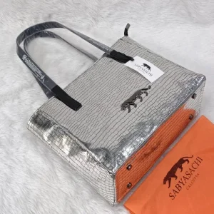 Sabyasachi Luxe Croc-Textured Tote Bag in Metallic Silver