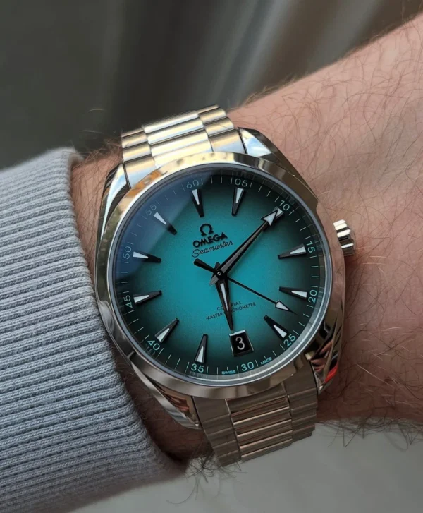 Omega Seamaster Aqua Terra turquoise dial watch front view