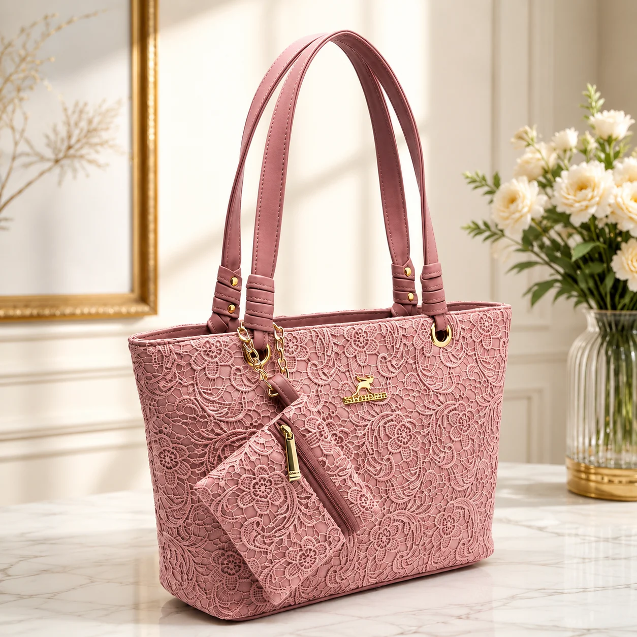 Premium Ladies Lace Tote Handbag with Matching Pouch – Kangaroo Logo